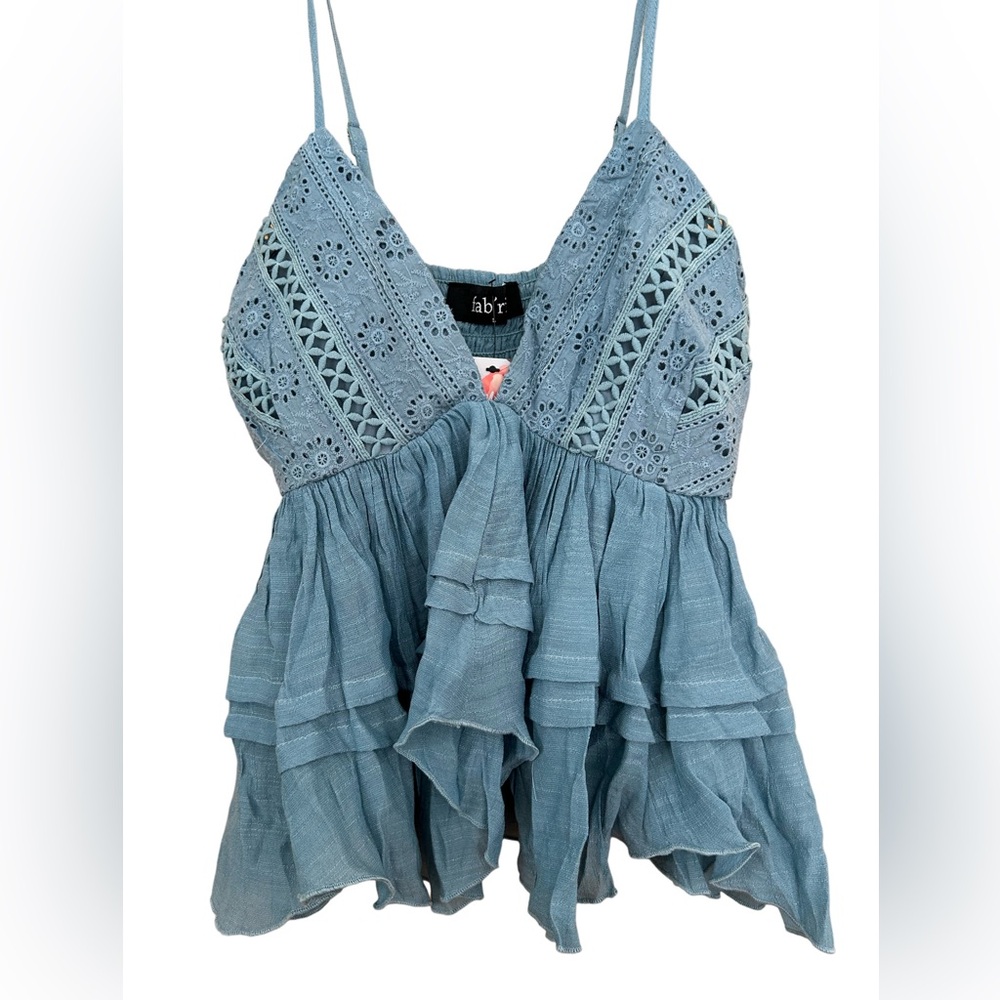 New ruffled babydoll semi cropped fit flare flowy breezy eyelet blouse top - Picture 5 of 8